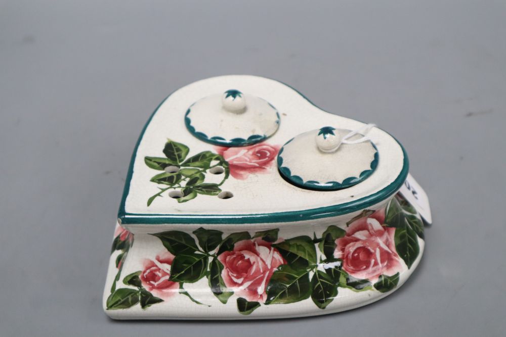 A Wemyss cabbage rose heart-shaped inkstand, height 6cm